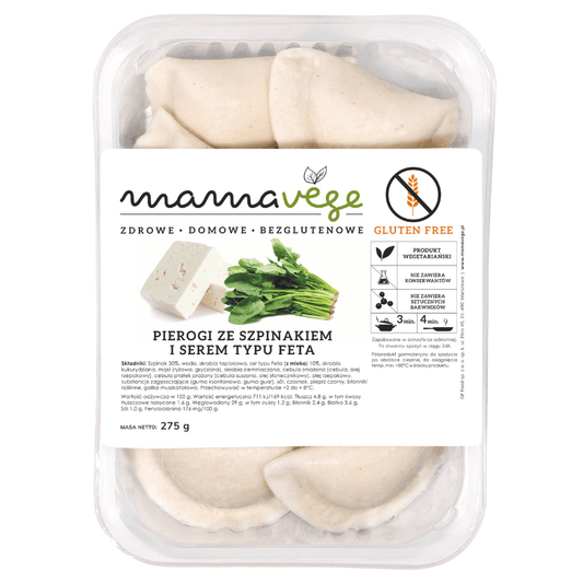 MAMAVEGE Pierogi ze szpinakiem i serem typu feta bezglutenowe. 71,60 zl/kg